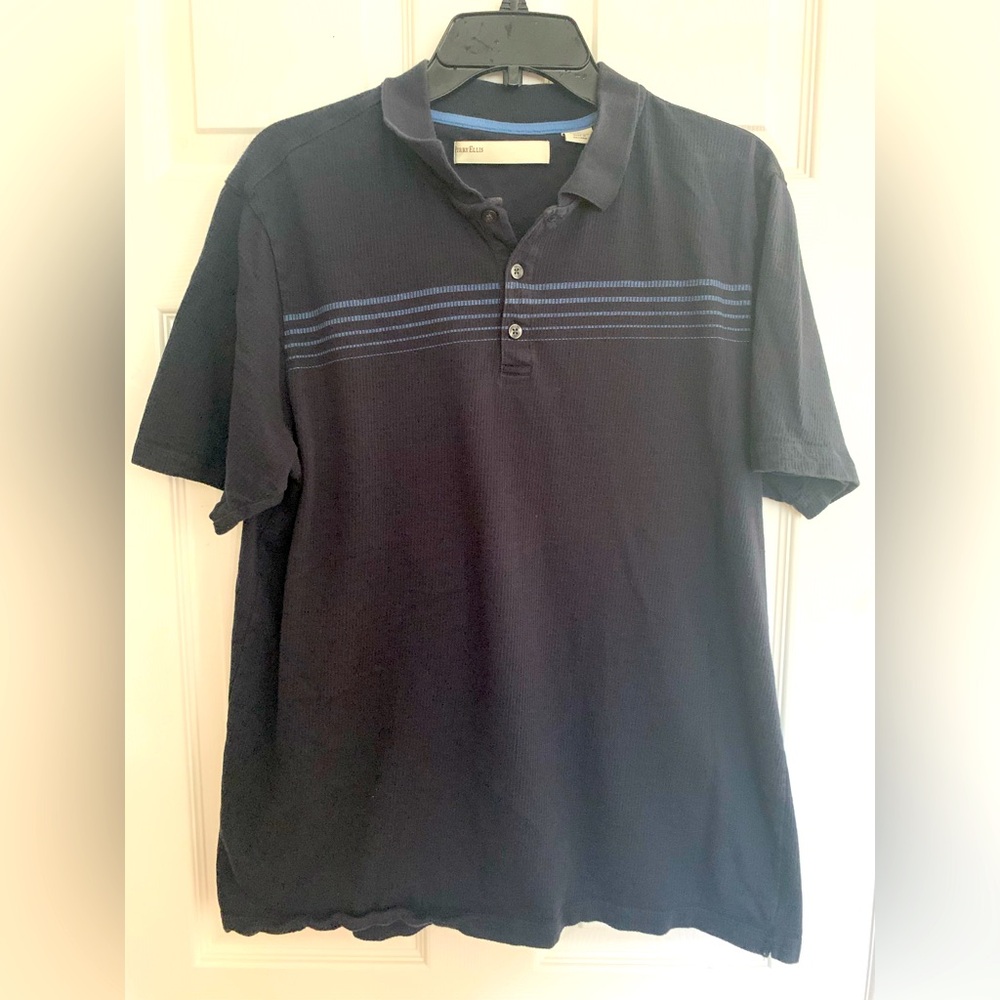 Perry Ellis Polo: Navy Shirt w/Blue Stripe across Chest, 💯% Cotton XL
